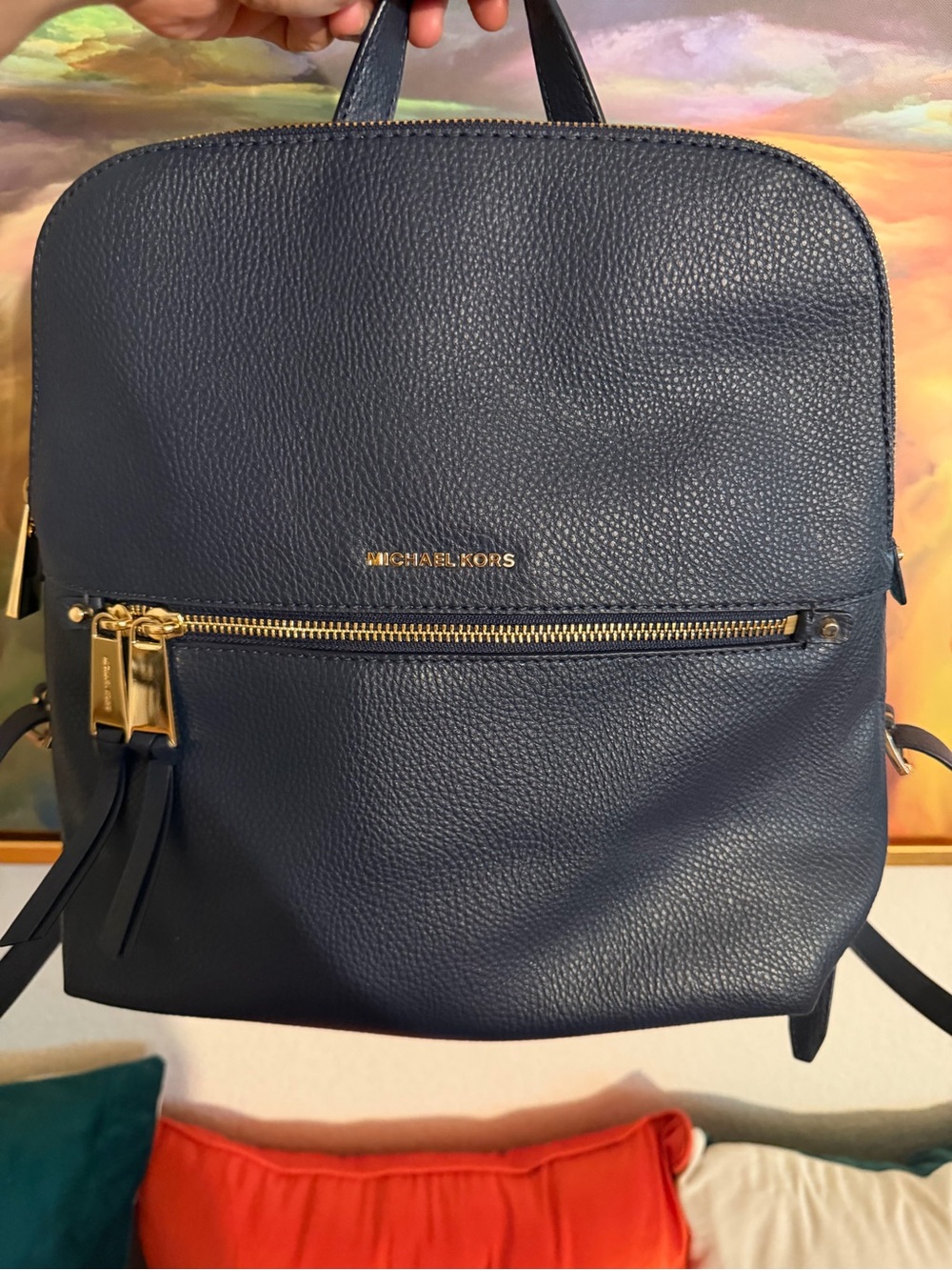 Michael Kors Navy Pebbled Leather Backpack with Gold Hardware